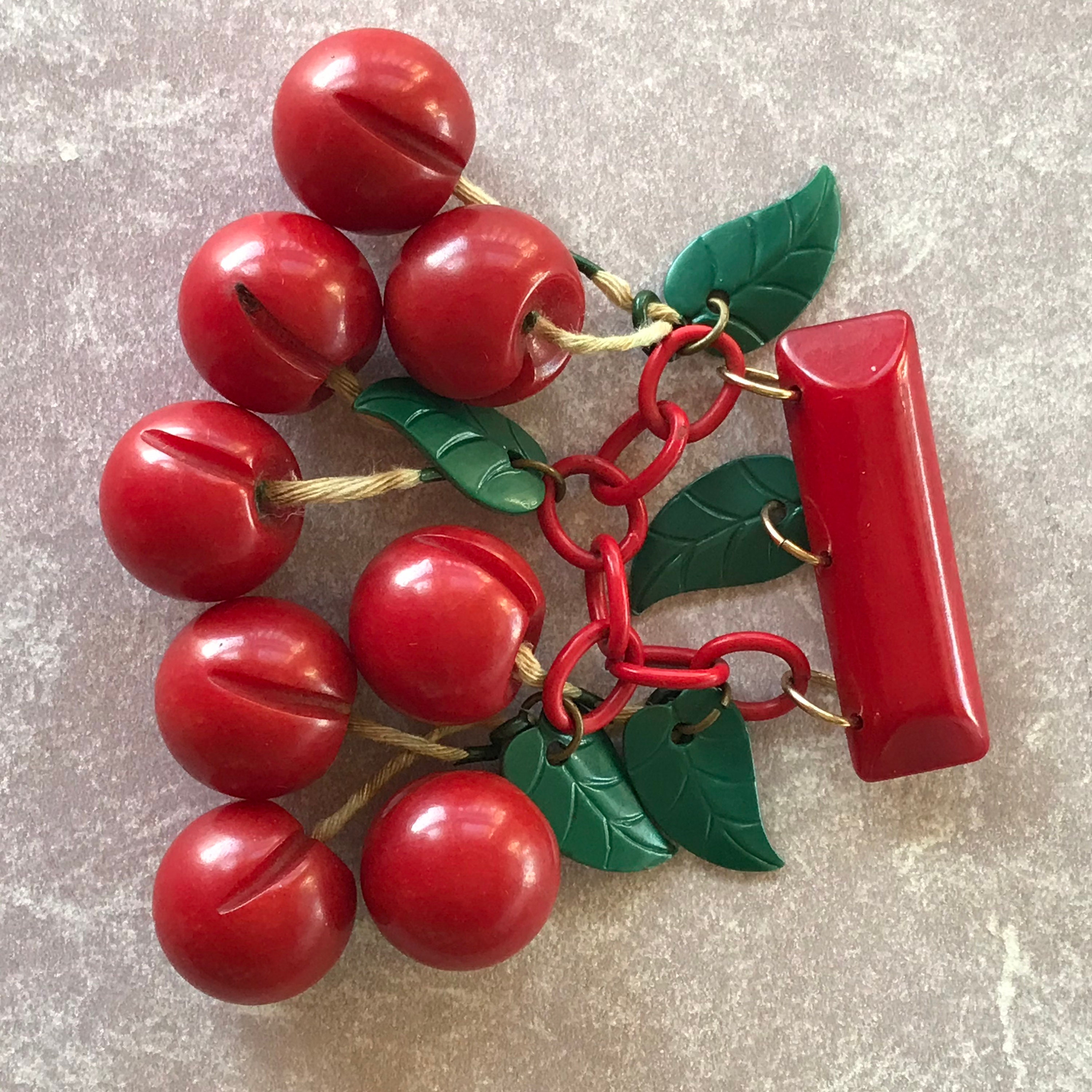 Big Vintage Bakelite Juicy Cherry Dangle Brooch