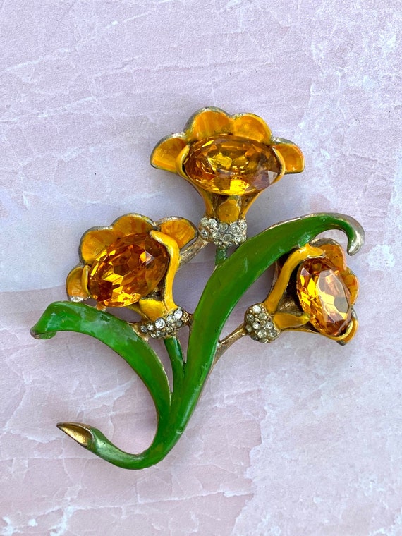 Unsigned Beautiful Enamel Flower Brooch 1930's po… - image 1