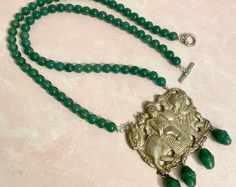 Antique Chinese sterling pendant or medallion figural Jade Chalcedony bead necklace  Qing Dynasty