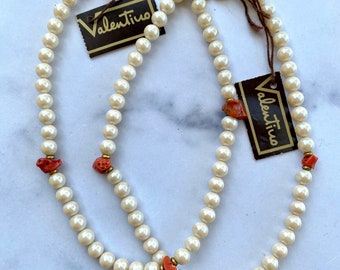 Vintage Valentino Red Coral and Faux Pearl Necklace