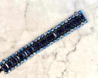 Fabulous Unsigned Regency Sapphire Navette Articulated Rhinestone Bracelet