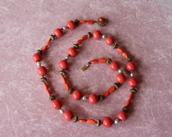 Miriam Haskell Coral and Pearl necklace, Long style 28 inches