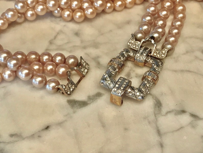 Amazing Unsigned Les Bernard Vintage Diamante and Pearl Necklace and Earrings Fine Jewelry Look bild 5