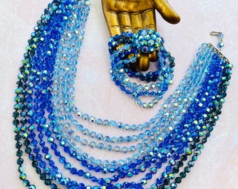 Blue Aurora Borealis Irridescent Blue Glass Spectacular, Dramatic Torsade Necklace and Bracelet