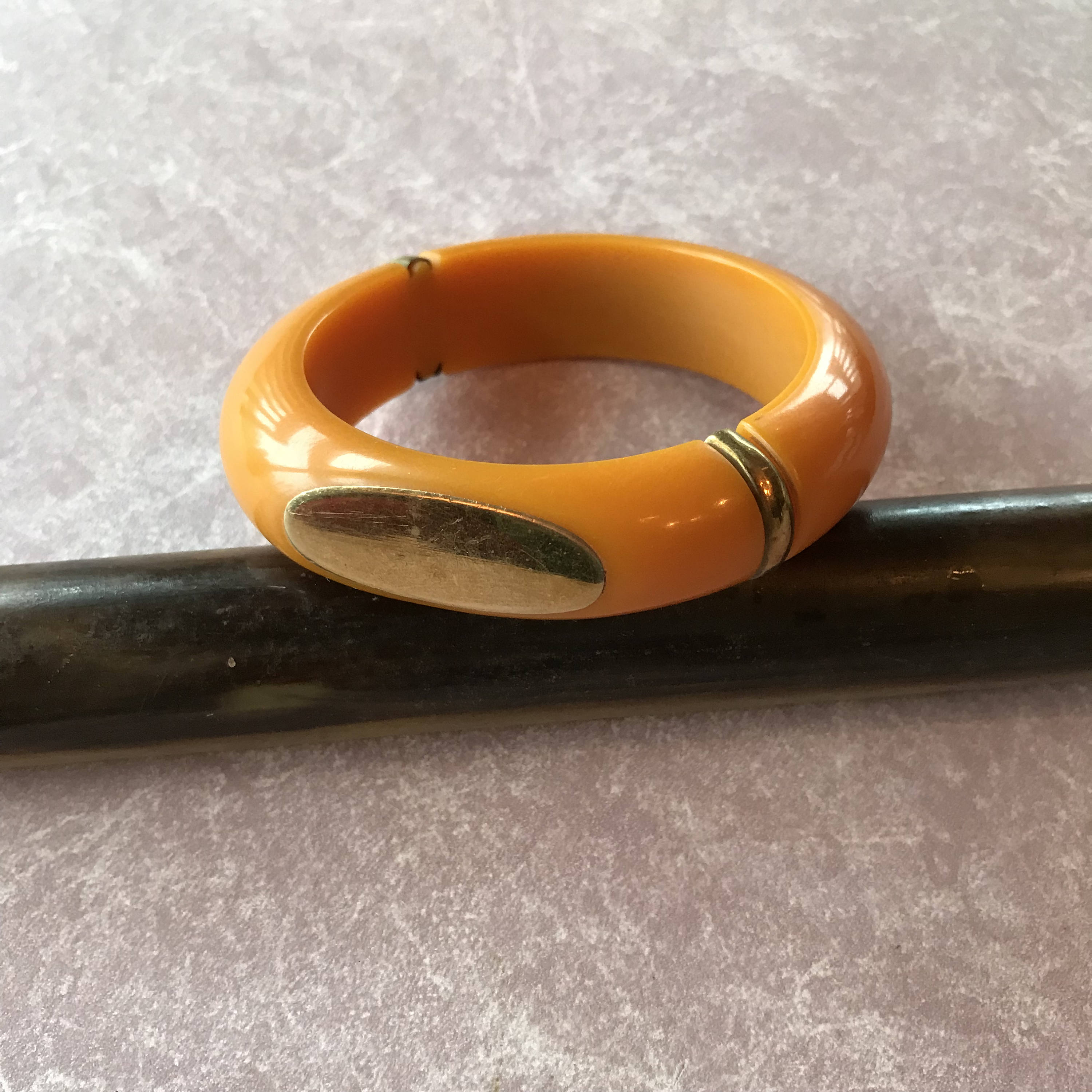 Belle Kogan Art Deco Bakelite Bracelet Bangle Red and Yellow Elongated Dot  | Chairish