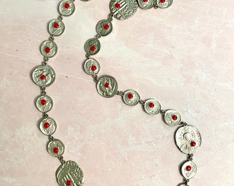 Unsigned Pauline Rader Greek Replica Coin necklace with Coral color stone insert