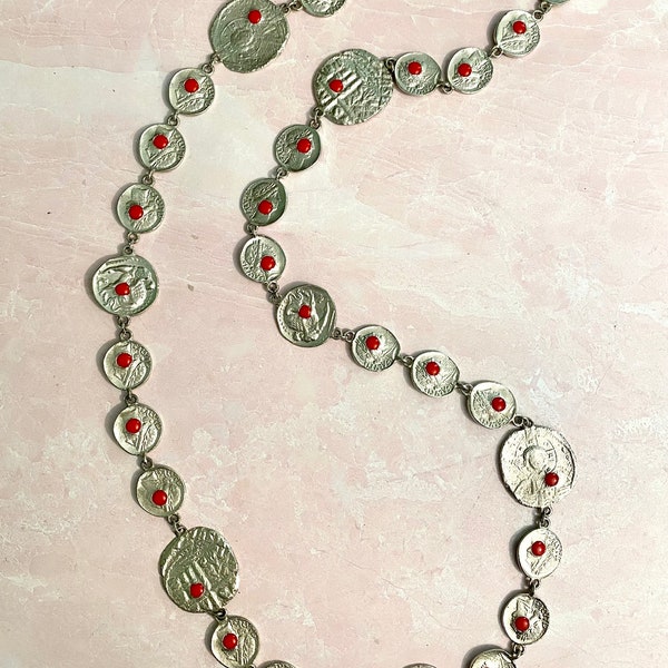Unsigned Pauline Rader Greek Replica Coin necklace with Coral color stone insert