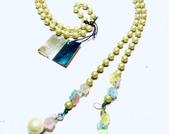 Diane Von Fürstenberg Glass Pearl with Molded Pastel Lucite Flowers on Lariat Style Necklace