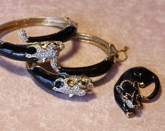 Pair of Panetta Rare Bob Cat Enamel and Pave Bracelets and Brooch