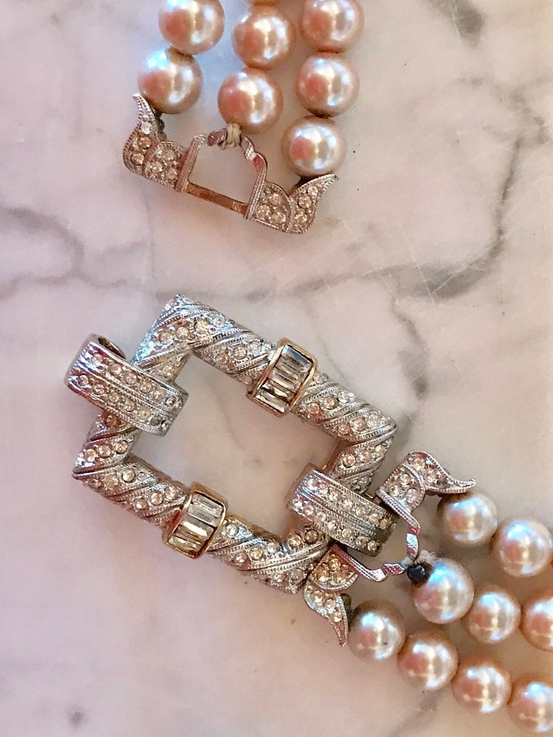 Amazing Unsigned Les Bernard Vintage Diamante and Pearl Necklace and Earrings Fine Jewelry Look bild 3