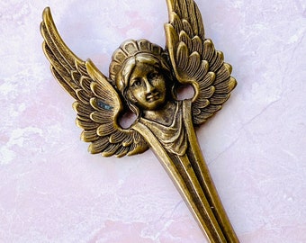 1890 Art Metal Large Art Deco Classical Winged Angel Brass Stamping Brooch