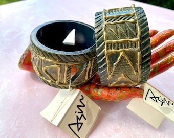 Vintage 1980's Boutique Wooden Bracelets signed Asian Geometric Graffiti design