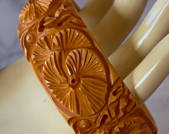 Intricately Carved and pierced Butterscotch  Vintage Bakelite Bracelet