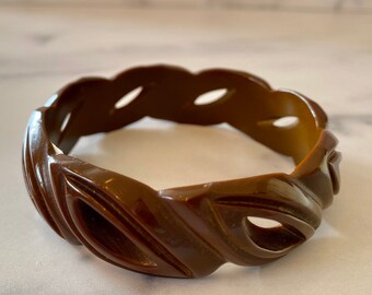 Intricately Carved Milk Chocolate Vintage Bakelite Bracelet