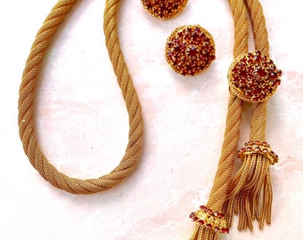 Vintage Gold Rope Bolo Lariat Style Tassel  Necklace Set with matching Earrings