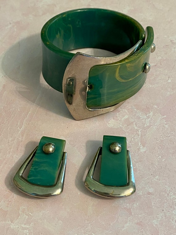 Bakelite Buckle Bracelet and Matching Buckle earr… - image 1