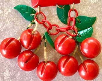 Big Vintage Bakelite Juicy Cherry Dangle Brooch