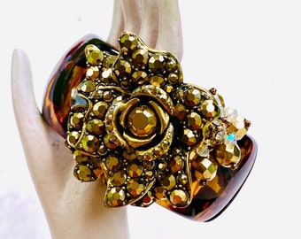 Diamonds and Rust Original Design Bracelet featuring Vintage Gold Rhinestone Dimensional Rose Centerpiece