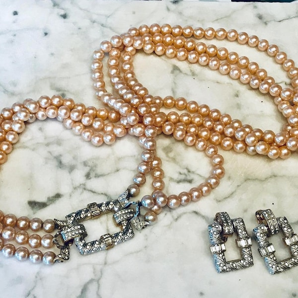 Amazing Unsigned Les Bernard Vintage Diamante and Pearl Necklace and Earrings Fine Jewelry Look