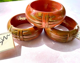 Vintage 1980's Boutique Wooden Bracelets signed Asian Geometric Carved design