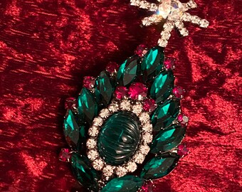 Chris Crouch Moans Couture Handmade Green Navettes Christmas Brooch with Red Rhinestone dangles
