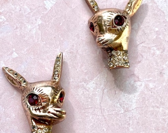 Unsigned Bates and Bacon Sterling Gold Pave Collar and Ruby Eyes Matched Pair of Baby Deer Fawn's Head Pins, Coro Style