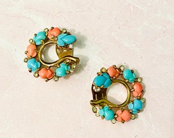 Amazing Trifari Fruit Salad Earrings Faux Coral, Turquoise and Jade