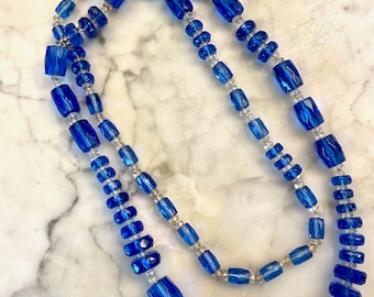 Fabulous 34 inch Blue Deco Faceted Glass necklace