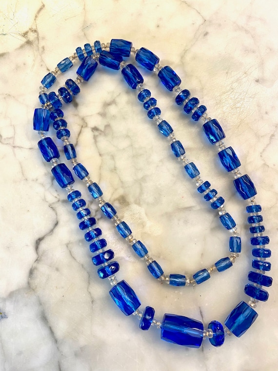 Fabulous 34 inch Blue Deco Faceted Glass necklace