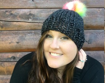 Black Knit Hat, Winter Hat, Black Pom Pom Hat, Black Beanie, Knit Winter Hat, Handmade Touque, Hand Knit Beanie