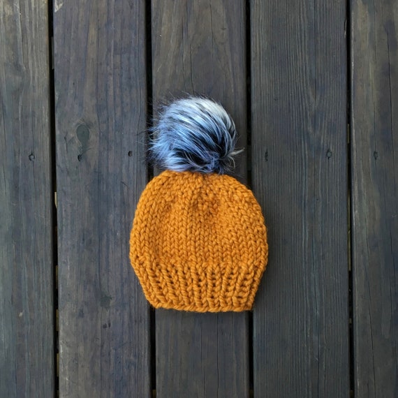 Pom Pom Hat, Knit Hat, Winter Hat, Fitted Knit Hat, Mustard Pom