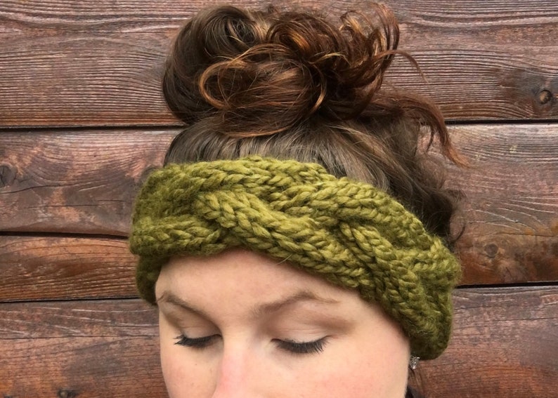 Green chunky braided headband chunky knit ear warmer green headband || THE BARKELY braided ear warmer cable knit headband