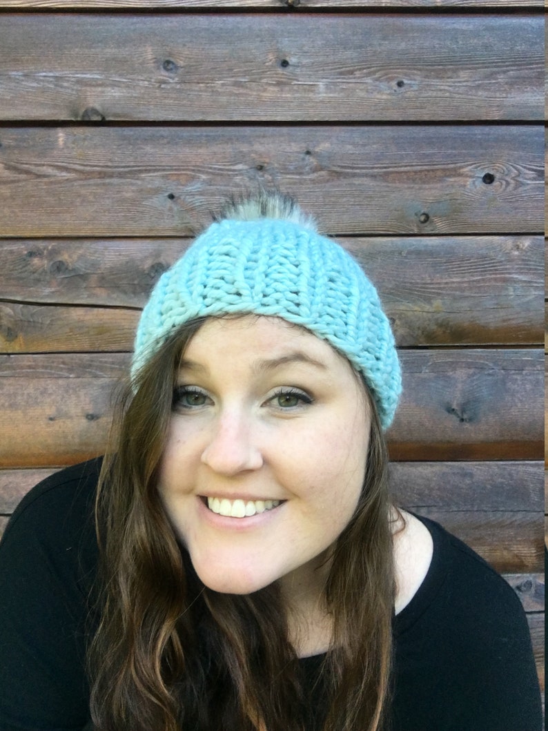 Winter Hat, Blue Pom Pom Hat, Knit Hat, Faux Fur Pom Pom Hat, Winter ...