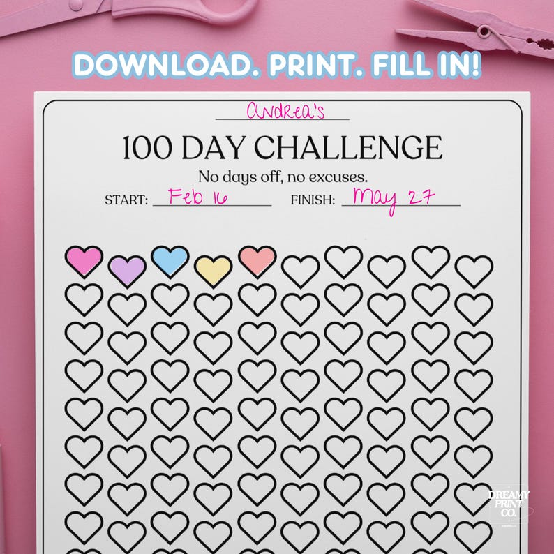 K&ouml;nnte beinhalten: Ein druckbarer 100-Tage-Challenge-Tracker mit einem Herz-Design. Der Tracker hat einen Starttermin am 16. Februar und einen Endtermin am 27. Mai. Der Tracker soll Menschen helfen, motiviert zu bleiben und ihre Ziele zu erreichen.