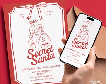 SECRET SANTA INVITATION Gift Exchange Template Animated Digital Invite 5x7 Christmas Party Game iPhone Version Editable Canva Vintage Retro