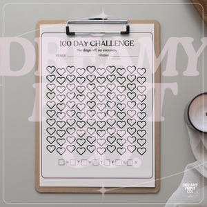 K&ouml;nnte beinhalten: Ein druckbarer 100-Tage-Challenge-Tracker mit einem Herz-Design. Der Tracker hat einen Bereich f&uuml;r Start- und Enddatum sowie einen Kalender mit den Wochentagen, die mit Mo, Di, Mi, Do, Fr, Sa, So gekennzeichnet sind.