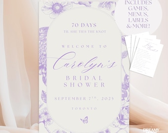 Vintage Bridal Shower Canva Template Bundle | Editable Bridal Shower Games, Event Sign, Menu & Champagne Labels | Pale Lavender