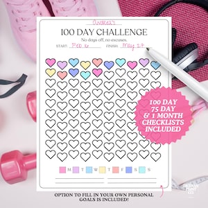 Könnte beinhalten: Ein druckbarer 100-Tage-Challenge-Tracker mit einem Herzdesign. Der Tracker enthält einen Kalender mit den Wochentagen, die mit M, T, W, T, F, S, S gekennzeichnet sind. Der Text "100 DAY 75 DAY & 1 MONTH CHECKLISTS INCLUDED" befindet sich in einem rosa Kreis.