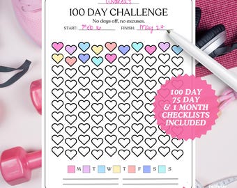 Fitness Challenge Tracker Bundle | 100, 75, 30 Day Habit Tracker | Printable PDF Workout, Weight Loss, Wellness & Goal Checklist