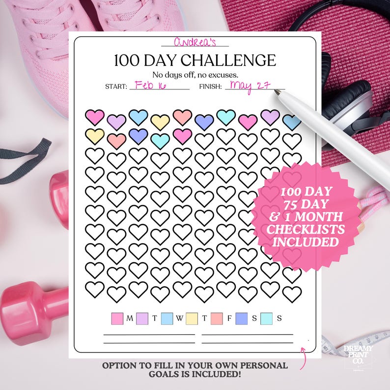 K&ouml;nnte beinhalten: Ein druckbarer 100-Tage-Challenge-Tracker mit einem Herzdesign. Der Tracker enth&auml;lt einen Kalender mit den Wochentagen, die mit M, T, W, T, F, S, S gekennzeichnet sind. Der Text "100 DAY 75 DAY & 1 MONTH CHECKLISTS INCLUDED" befindet sich in einem rosa Kreis.