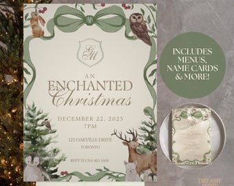 Enchanted Holiday Party Template Bundle Neutral Rustic Farmhouse Editable Christmas Invitation Dinner Cocktail Menu Sign Card Emblem Evite