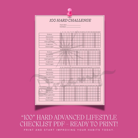 100 Hard Challenge Tracker: Fitness & Skincare Checklist (PDF Print-Ready)
