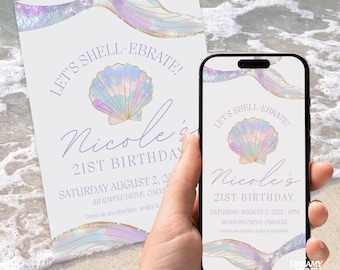 Mermaid Birthday Invitation | Iridescent Pastel Under The Sea Party Theme | Print-ready & Mobile Versions Included | Editable Template