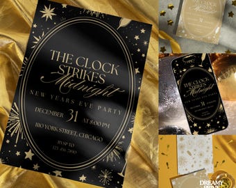 NEW YEARS EVE 2026 Party Invitation Template | Classic Black & Gold Nye Invite | Editable Mobile Evite | Glam, Luxurious | Instant Download