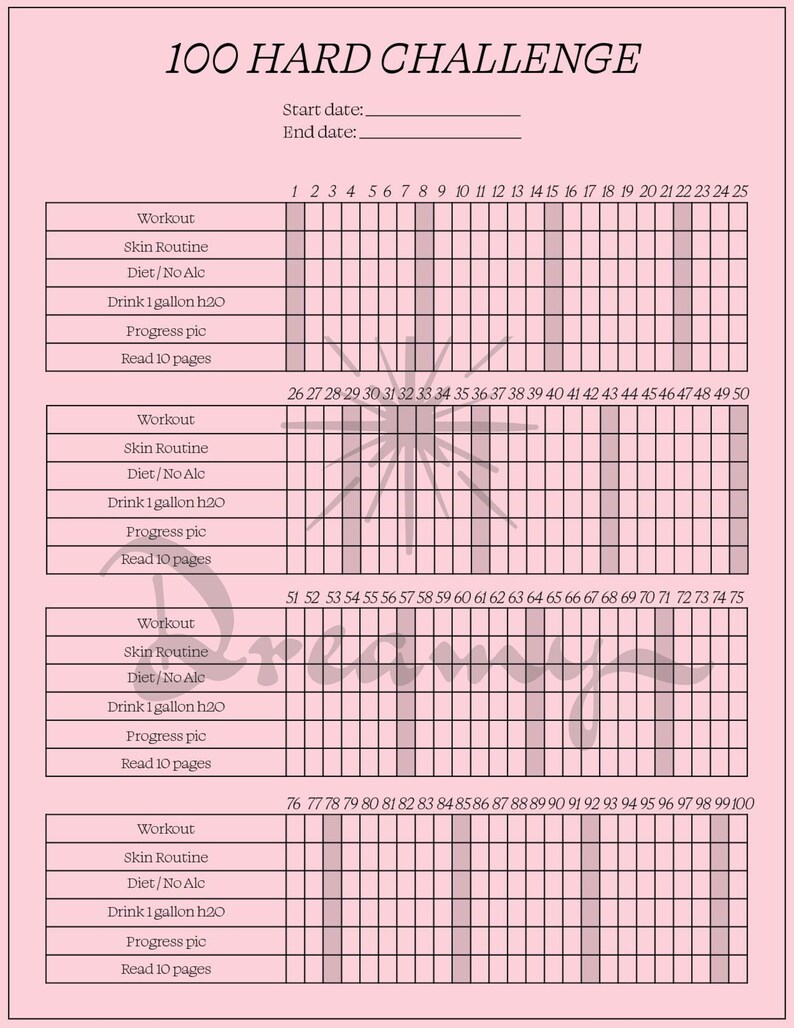 May include: A pink printable 100-day challenge tracker with a grid of 100 squares. The tracker includes sections for workout, skin routine, diet, drinking water, progress pictures, and reading. The text "100 HARD CHALLENGE" is at the top of the page.