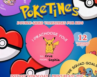 POKEMON VALENTINES for Kids | Heart Shaped Pokeball Valentine Day Cards | For School Classmates | Print at Home | PDF Instant Download