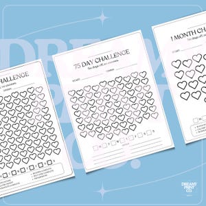 K&ouml;nnte beinhalten: Zwei druckbare schwarz-wei&szlig;e Herz-f&ouml;rmige Challenge-Tracker. Der erste Tracker ist f&uuml;r eine 75-Tage-Herausforderung mit dem Text "Keine Auszeit, keine Ausreden." Der zweite Tracker ist f&uuml;r eine einmonatige Herausforderung mit dem Text "Keine Auszeit, keine Ausreden."