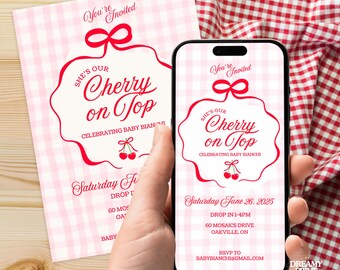 Cherry Gingham Baby Shower Invitation Template: Editable 5x7 & Mobile E-vite (Digital Download)