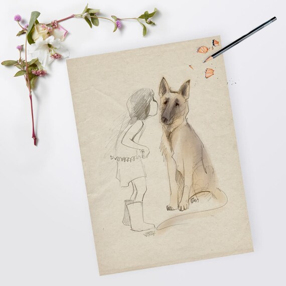 Girl And German Shepherd Pencil Sketch Drawing Dog Illustration Giclee Art Print 85x11a4 Or 12x16a3