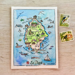 Postal ilustrada en acuarela pintada a mano / La Digue / Seychelles